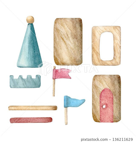 Wooden blocks for children's construction sets, which can be used to build a house, tower, castle, or palace with flags, handmade watercolor drawings for landscapes, postcards, banners, invitations, a Wooden blocks for children's construction sets, which can be used to build a house, tower, castle, or palace with flags, handmade watercolor drawings for landscapes, postcards, banners, invitations, a 136211629