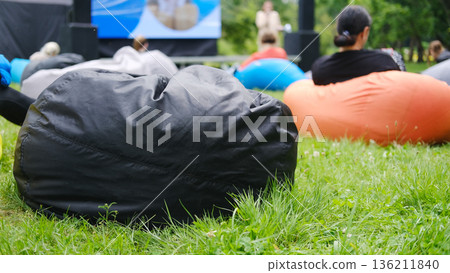 People seated on colorful beanbags in a grassy area, attentively listening to an outdoor lecture, creating a relaxed and engaging learning environment with copy space 136211840