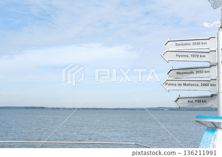 Directional signpost with multiple distance markers pointing towards various destinations over a calm body of water under a clear blue sky, showcasing travel options and exploration Directional signpost with multiple distance markers pointing towards various destinations over a calm body of water under a clear blue sky, showcasing travel options and exploration 136211991