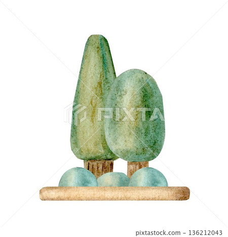 A composition of trees for children's wooden construction sets is hand-drawn in watercolor on an isolated white background to create landscapes, decorate postcards, banners, invitations, packaging. A composition of trees for children's wooden construction sets is hand-drawn in watercolor on an isolated white background to create landscapes, decorate postcards, banners, invitations, packaging. 136212043