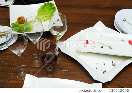 Dirty dishes and empty wine glasses scattered on a wooden table after a banquet, showcasing food leftovers and remnants of a festive gathering atmosphere Dirty dishes and empty wine glasses scattered on a wooden table after a banquet, showcasing food leftovers and remnants of a festive gathering atmosphere 136212096