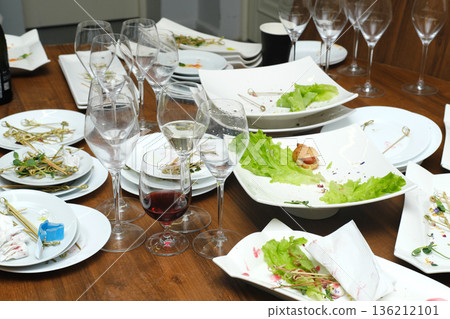 Leftover food and dirty dishes scattered across a wooden table, featuring empty wine glasses and plates, creating a post-event atmosphere of culinary indulgence and celebration Leftover food and dirty dishes scattered across a wooden table, featuring empty wine glasses and plates, creating a post-event atmosphere of culinary indulgence and celebration 136212101