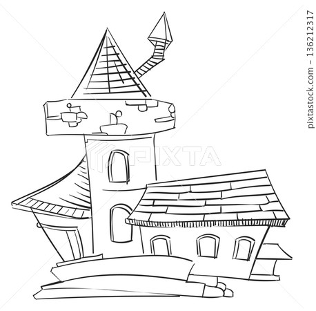Vintage building pencil sketch with hand drawn towers Vintage building pencil sketch with hand drawn towers 136212317