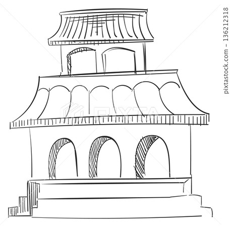 Old city building pencil sketch. Exterior drawing 136212318