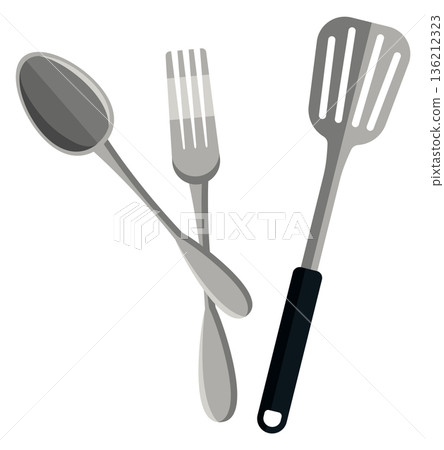 Kitchen utensil. Cooking spatula. Dinner fork and spoon Kitchen utensil. Cooking spatula. Dinner fork and spoon 136212323