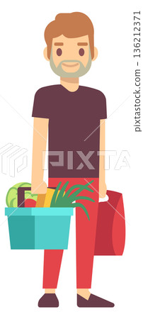 Man with supermarket basket. Happy shopping grocery retail 136212371