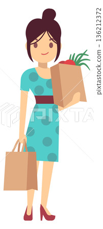 Woman with grocery bags. Supermarket customer cartoon character 136212372