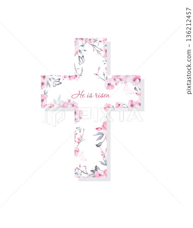 Religious cross with sakura flowers. . Hand drawn. Not AI, vector illustration. He is risen Hand drawn. Not AI, vector illustration Religious cross with sakura flowers. . Hand drawn. Not AI, vector illustration. He is risen Hand drawn. Not AI, vector illustration 136212457