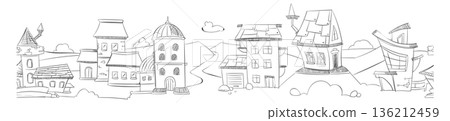 Old town street pencil sketch. Cute architecture Old town street pencil sketch. Cute architecture 136212459