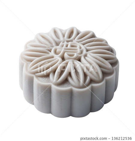 White mooncake with an intricate traditional floral and chinese character design stamped on top, isolated on a clean background White mooncake with an intricate traditional floral and chinese character design stamped on top, isolated on a clean background 136212536