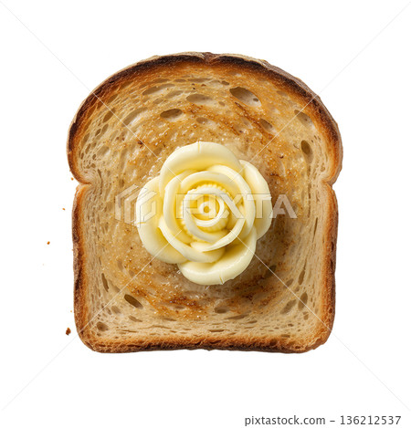 Toasted slice of rustic bread with an elegant butter rose on top, perfect for breakfast, fine dining, and gourmet food photography Toasted slice of rustic bread with an elegant butter rose on top, perfect for breakfast, fine dining, and gourmet food photography 136212537