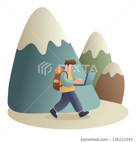 Vector illustration of a digital nomad working remotely on a laptop in a scenic mountain landscape, representing travel and remote work freedom 136212543