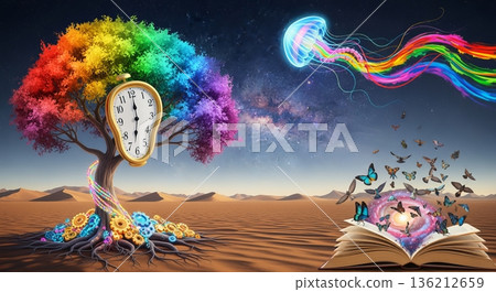 A surreal fusion of uncommon elements and abstract concepts in a vibrant, dreamlike landscape A surreal fusion of uncommon elements and abstract concepts in a vibrant, dreamlike landscape 136212659