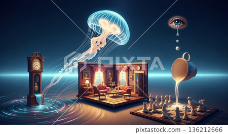 Surreal Dreamscapes Abstract Still Life with Chess, Jellyfish, and Enigmatic Timepieces 136212666