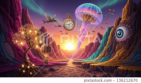 Surreal Seascape with Fantasy Creatures, Steampunk Elements, and Dreamlike Cliffs and Skies 136212670