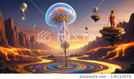 Surreal Floating Island Adventure in a Magical Landscape Filled With Fantasy Creatures 136212679