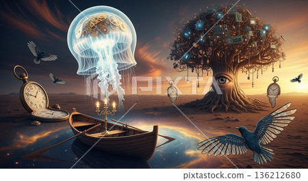 Whimsical Dreamscape of a Clockwork Jellyfish Under a Starry Sky Above a Circuit Tree Island 136212680