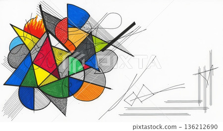 Artistic hand drawn abstract illustration with geometric shapes and enhanced textural elements Artistic hand drawn abstract illustration with geometric shapes and enhanced textural elements 136212690