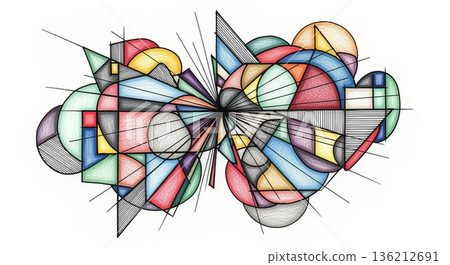 Hand drawn abstract illustration with geometric shapes and textures for enhanced visual impact 136212691