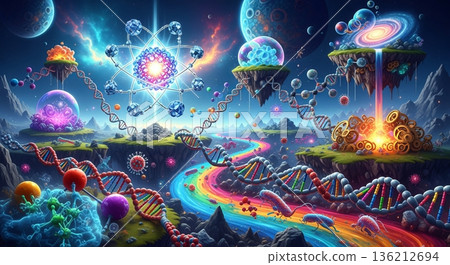Surreal photographic exploration of the vivid realm of molecules and atoms featuring unique elements Surreal photographic exploration of the vivid realm of molecules and atoms featuring unique elements 136212694