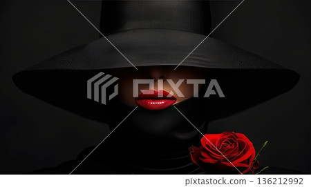 Elegant female model in retro hat with red lips and rose flower against a dark background Elegant female model in retro hat with red lips and rose flower against a dark background 136212992