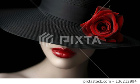 Elegant female model in retro hat with red lips and rose flower posing against a dark background Elegant female model in retro hat with red lips and rose flower posing against a dark background 136212994