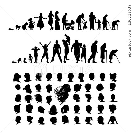 Silhouettes of people cycle of life. Hand drawn. Not AI, vector illustration. Silhouettes of people cycle of life. Hand drawn. Not AI, vector illustration. 136213035