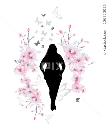 Full woman silhouette and cherry blossoms. Body positive. Hand drawn. Not AI, vector illustration. Full woman silhouette and cherry blossoms. Body positive. Hand drawn. Not AI, vector illustration. 136213036