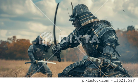Two Samurais In Armor Fight With Swords In An Epic Battle. Japanese History And Culture Concept. 136213587