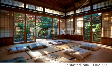 Sunlight Streams into Traditional Japanese Tatami Room with Cushions for Peaceful Meditation 136213640