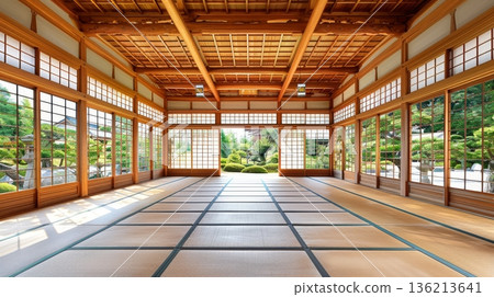 Traditional Japanese Architecture Tranquil Empty Room with Tatami Mats and Open Garden Views 136213641