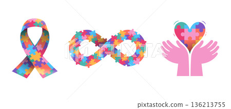 World autism awareness symbols. Ribbon, infinity sign and hand with heart made from colorful puzzle 136213755