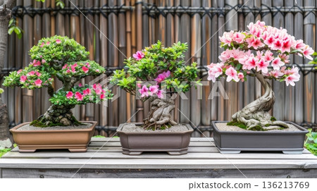 Three Flowering Bonsai Trees in Planters, Display of Miniature Trees on a Wooden Surface 136213769