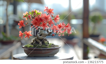 Blooming miniature bonsai tree with pink flowers in a ceramic pot on a blurred background. 136213775