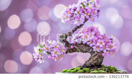 Blooming Pink Miniature Tree A Serene Bonsai Display Against a Soft Focus Background 136213776