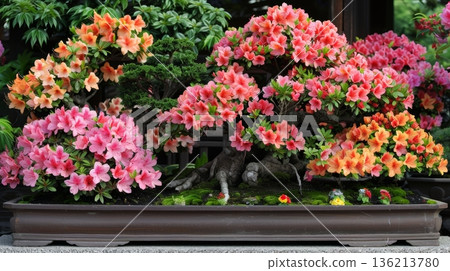 Beautiful Bonsai Tree With Orange and Pink Flowers. Colorful Azalea Blossoms on Dark Background. Beautiful Bonsai Tree With Orange and Pink Flowers. Colorful Azalea Blossoms on Dark Background. 136213780