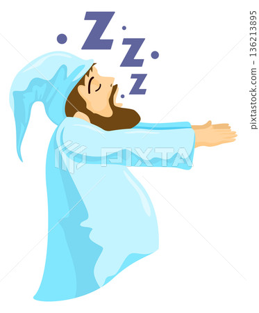 A cartoonish man in a blue robe is sleeping with his arms outstretched 136213895