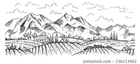 A mountain range with a house in the valley A mountain range with a house in the valley 136213902