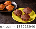 Delicious chocolate and lemon muffins ready to indulge on plates 136213940