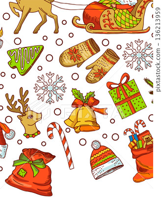 A colorful Christmas scene with a reindeer, sleigh 136213959