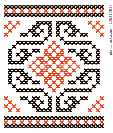A black and white patterned design with red and orange accents A black and white patterned design with red and orange accents 136213982