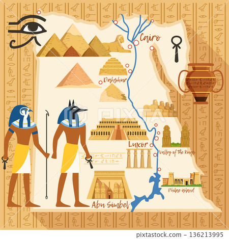 A map of Egypt with the Nile River and the pyramids A map of Egypt with the Nile River and the pyramids 136213995