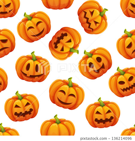 A pattern of orange pumpkins with smiling faces A pattern of orange pumpkins with smiling faces 136214096