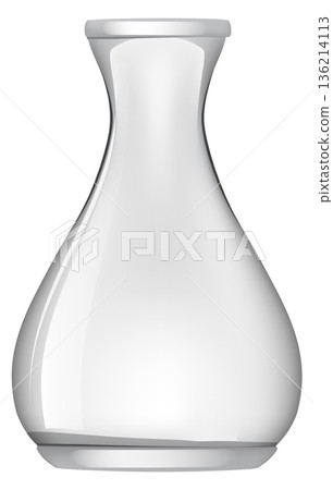 A tall, thin, clear vase sits on a white background 136214113