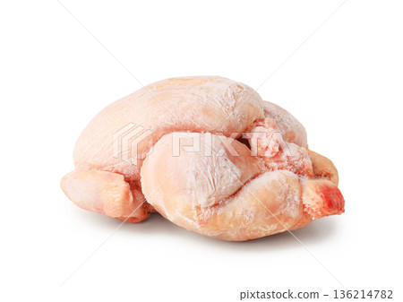 Whole frozen chicken covered in frost and ice crystals. Raw poultry meat isolated on white background. Cold uncooked broiler carcass ready for defrosting and cooking. High quality photo Whole frozen chicken covered in frost and ice crystals. Raw poultry meat isolated on white background. Cold uncooked broiler carcass ready for defrosting and cooking. High quality photo 136214782