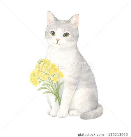 水彩風格白貓與黃花可愛貓咪春季剪紙插畫素材 水彩風格白貓與黃花可愛貓咪春季剪紙插畫素材 136215033