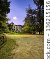 Park Pathway at Dusk with Lamp Light 136215156
