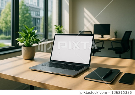 Minimal Laptop On Wooden Desk In Bright Office 021125 Minimal Laptop On Wooden Desk In Bright Office 021125 136215386