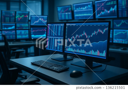 Night Trading Room With Multiple Monitors 021125 136215501