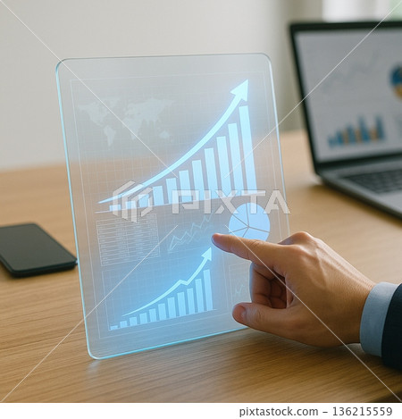 Businessman Swiping Holographic Growth Panel 021125 Businessman Swiping Holographic Growth Panel 021125 136215559